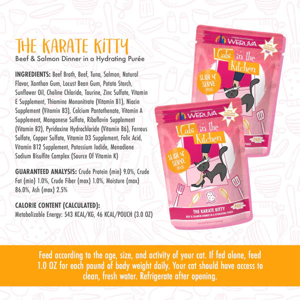 Paté Gatos en la Cocina La Cena Karate Kitty de Carne y Salmón en un Puré Hidratante (3 oz)