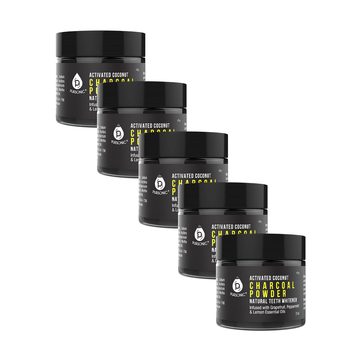 Pursonic - Polvo de carbón blanqueador dental natural (paquete de 5) - Infusionado con aceites esenciales de pomelo, menta y limón - 56 g cada uno