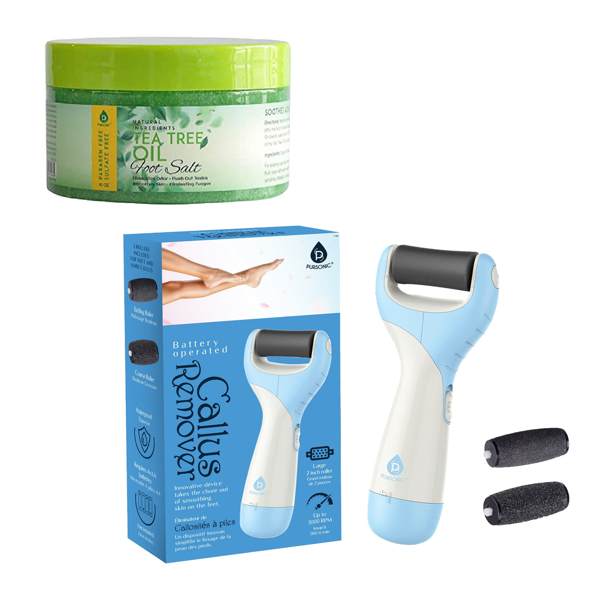 Paquete de cuidado de pies Pursonic: sal para pies con aceite de árbol de té y lima para pies Pedi Perfect 