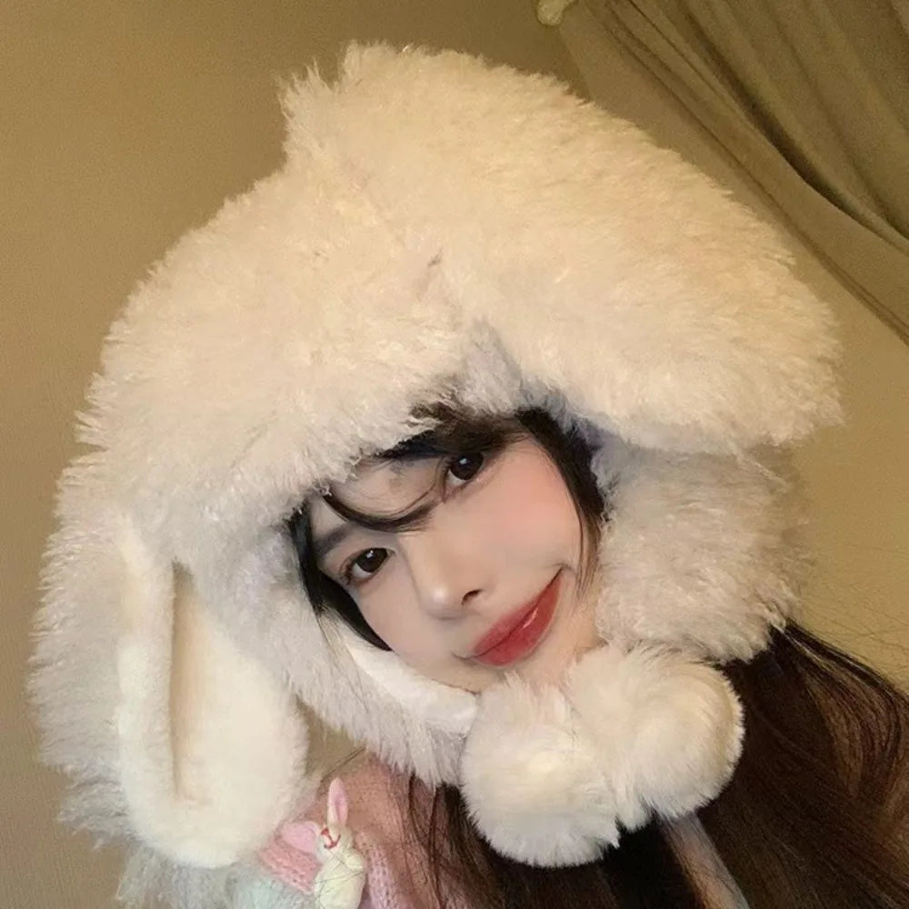 Gorro de invierno de peluche con orejas de conejo kawaii