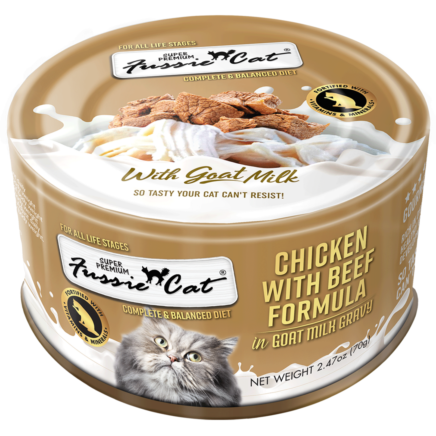 Fussie Cat Pollo y Res en Leche de Cabra para Gatos Lata (2.47oz)