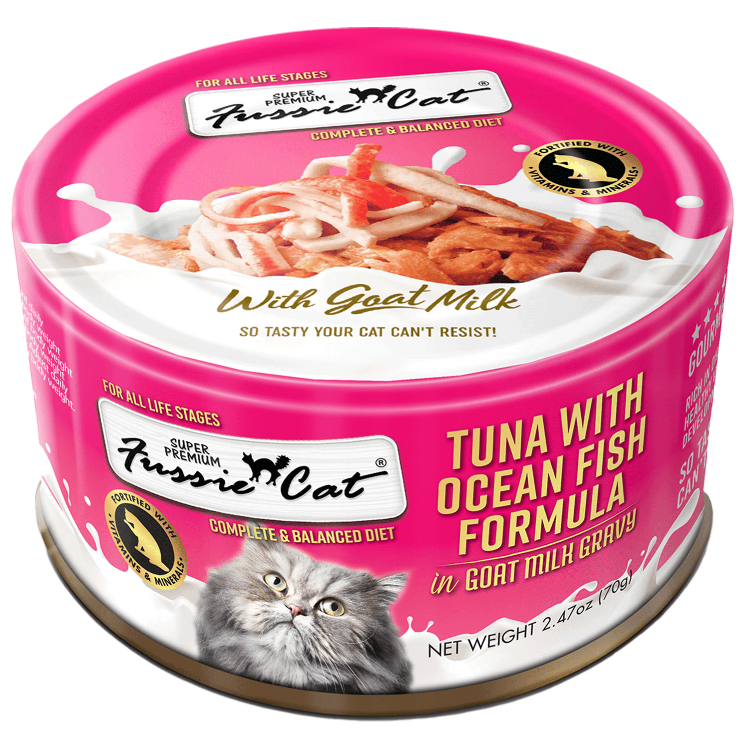 Fussie Cat Atún con Fórmula de Pescado de Océano en Salsa de Leche de Cabra (2.47oz)
