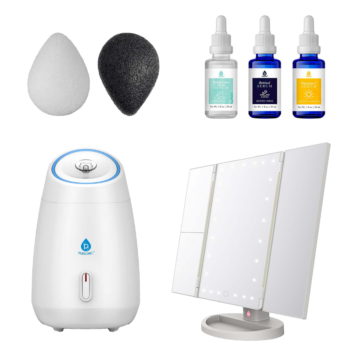 Paquete de cuidado de la piel y belleza Ultimate Radiance: espejo de tocador triple, vaporizador facial Pursonic, set de suero antiedad y dúo de esponjas Konjac