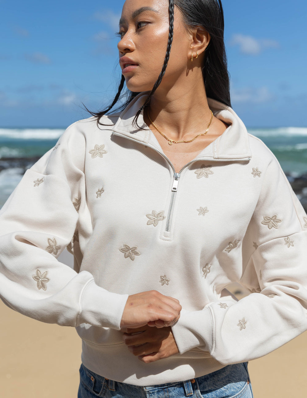 Chaqueta floral de media cremallera para mujer