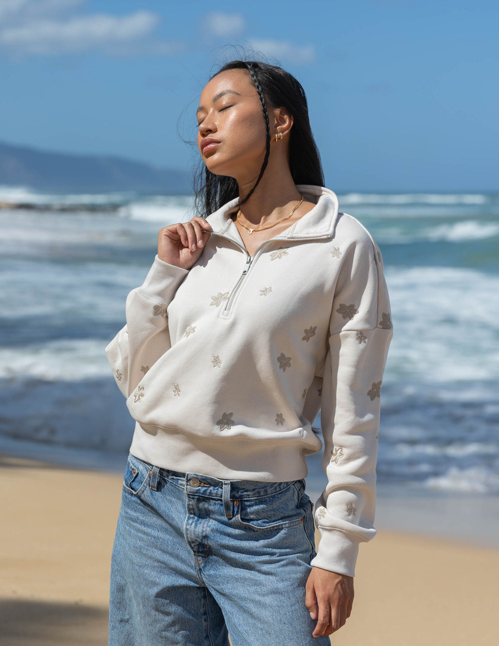 Chaqueta floral de media cremallera para mujer