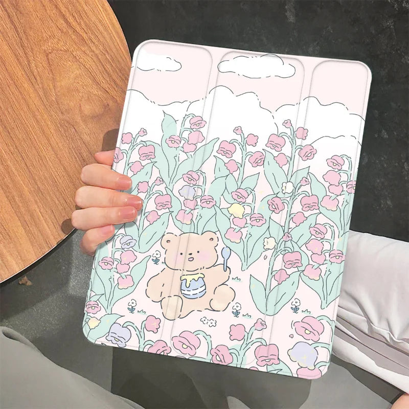 Funda para iPad con diseño de oso de miel y flores