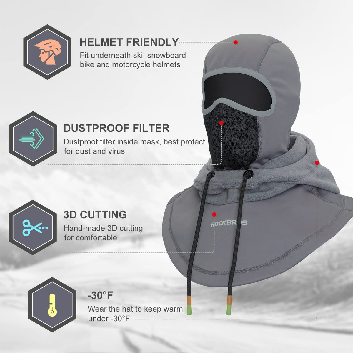 Pasamontañas de esquí ROCKBROS Pasamontañas térmico de forro polar para clima frío de invierno para hombre
