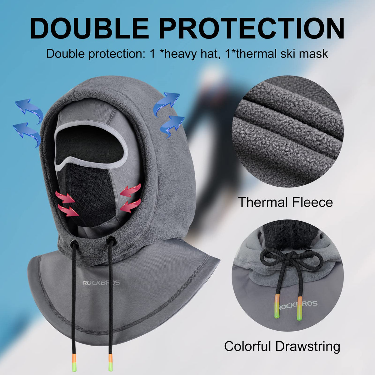 Pasamontañas de esquí ROCKBROS Pasamontañas térmico de forro polar para clima frío de invierno para hombre