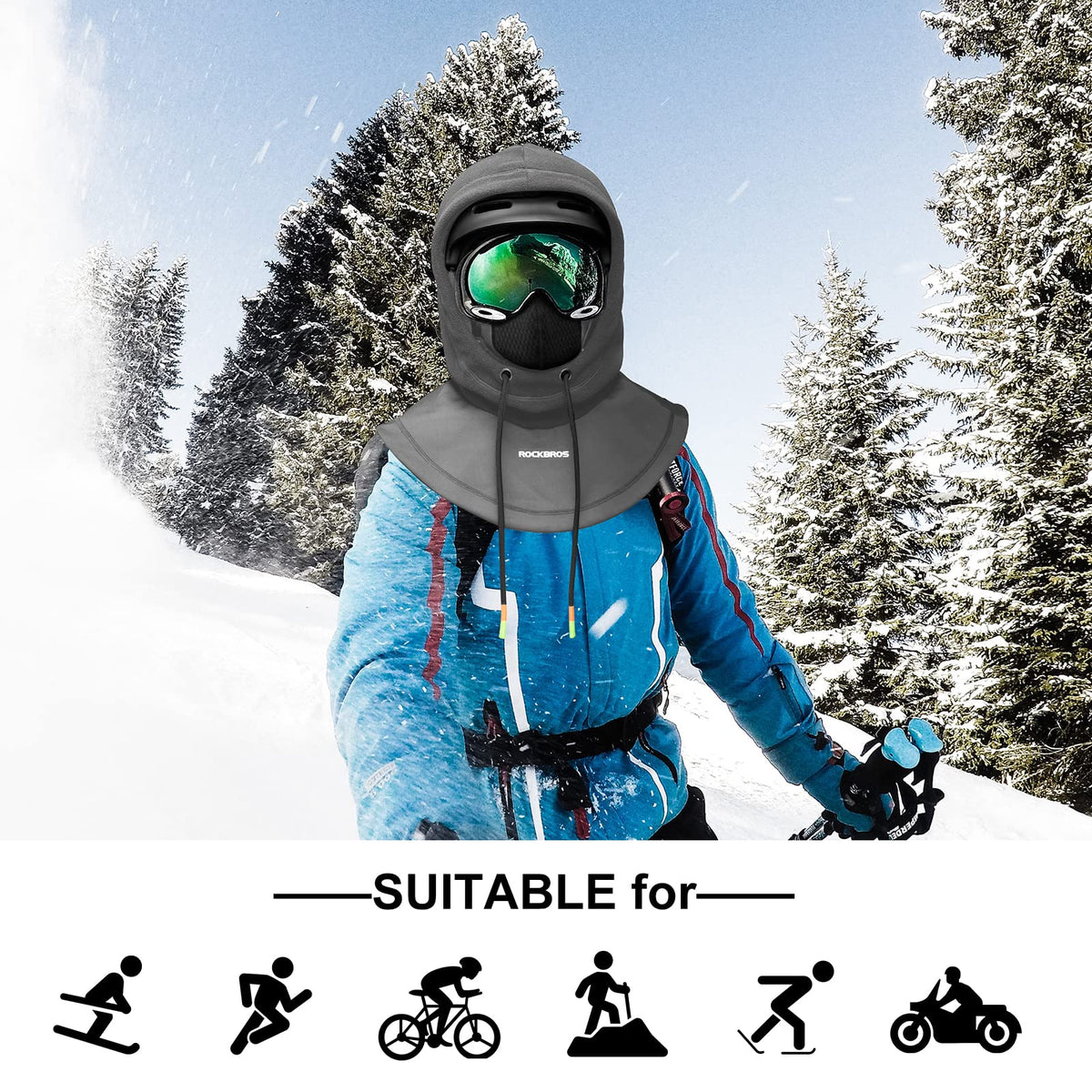 Pasamontañas de esquí ROCKBROS Pasamontañas térmico de forro polar para clima frío de invierno para hombre