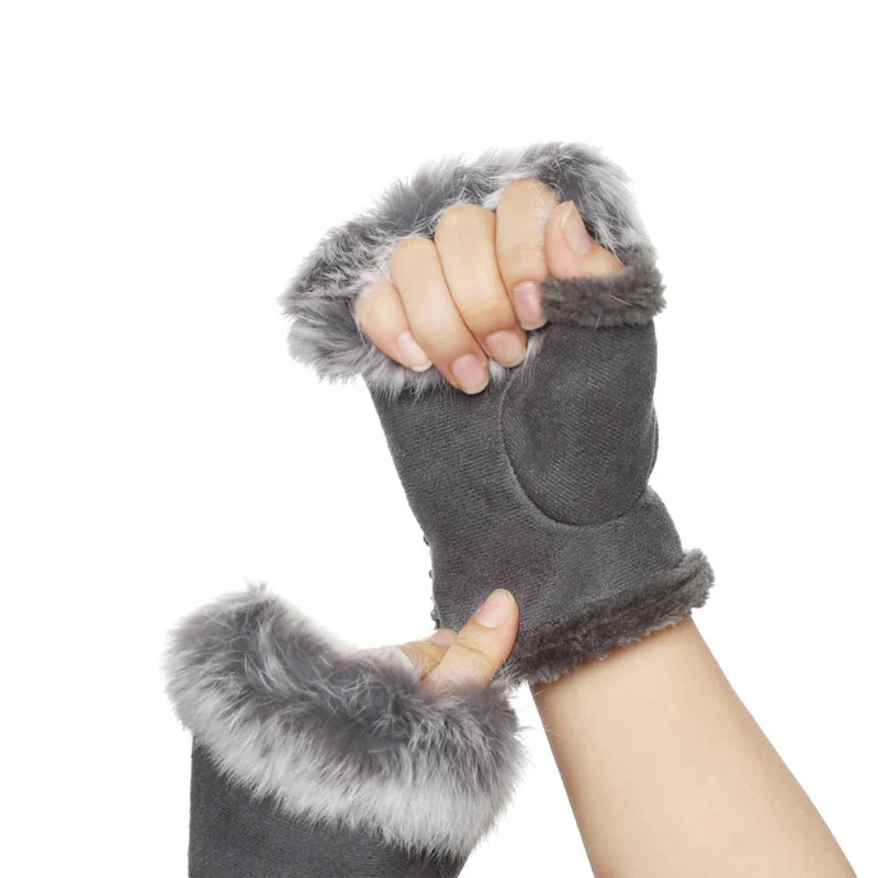Guantes sin dedos de piel sintética de conejo