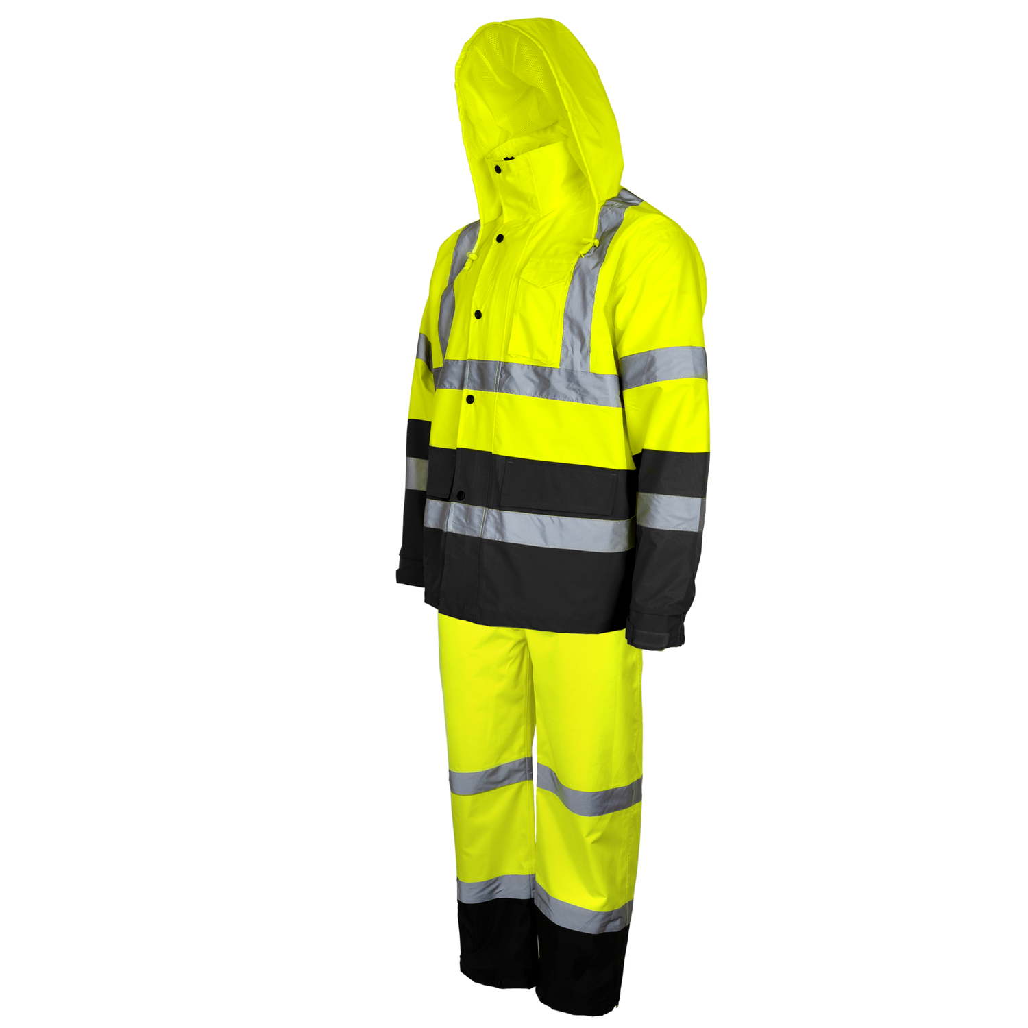 Hi Vis Waterproof Safety Rain Set - Overall Pants & Jacket with 2" Reflective Strips