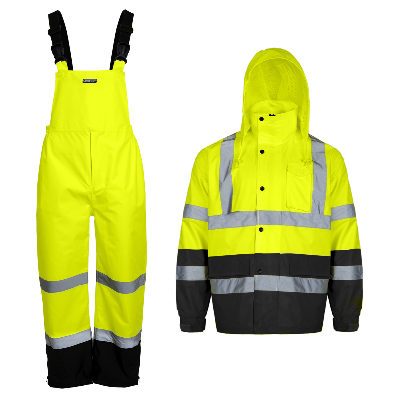 Hi Vis Waterproof Safety Rain Set - Overall Pants & Jacket with 2" Reflective Strips