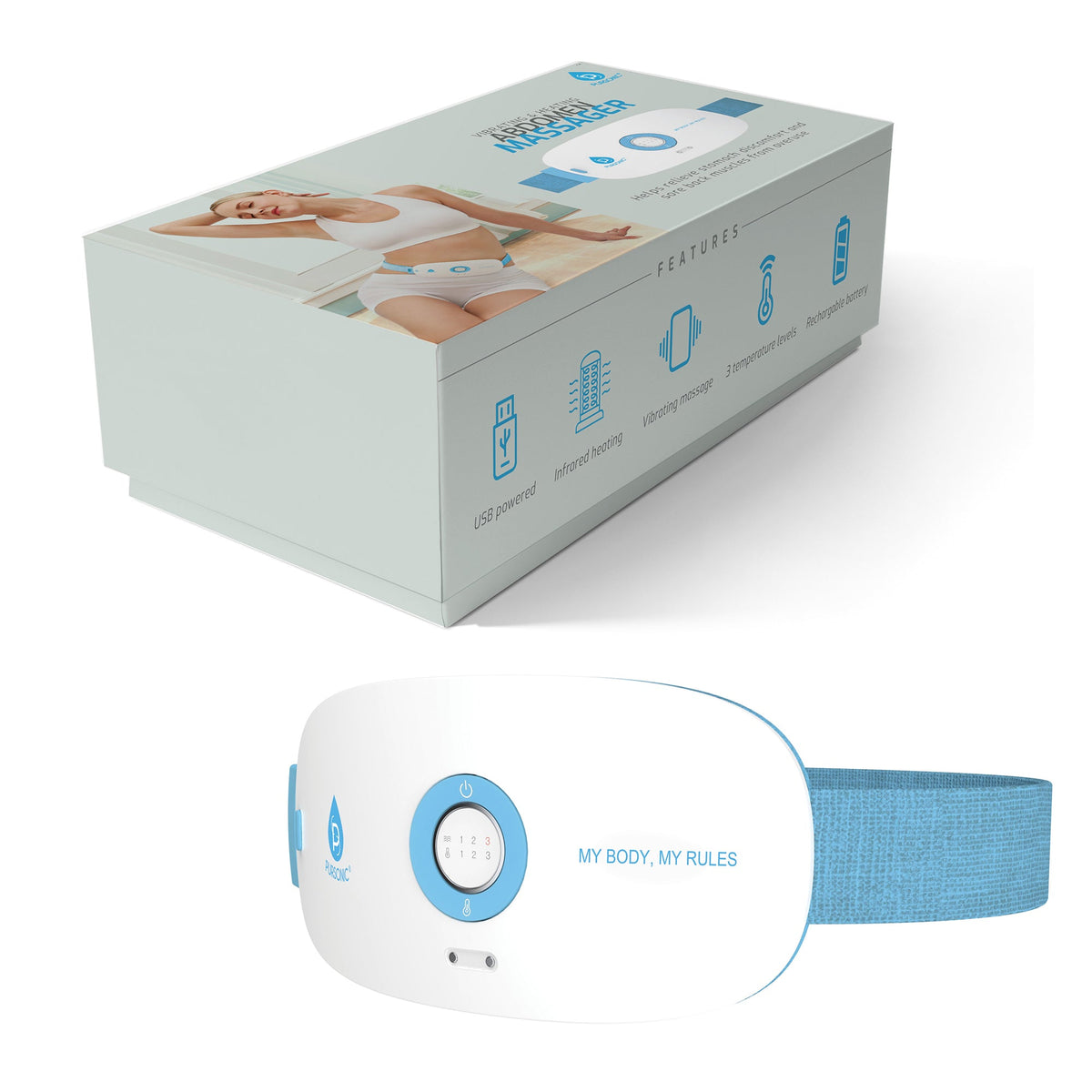 Masajeador de estómago y espalda, 3 niveles de vibración, 3 configuraciones de calor y recargable por USB