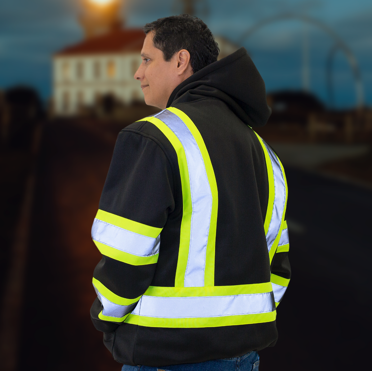 Black Hi-Vis Safety Hooded Sweatshirt with Reflective Stripes
