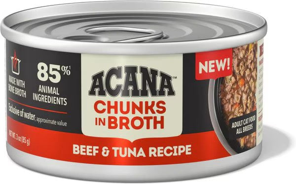 Acana Grain Free Beef & Tuna Chunks in Broth Wet Cat Food – Protein Rich Recipe (3oz)