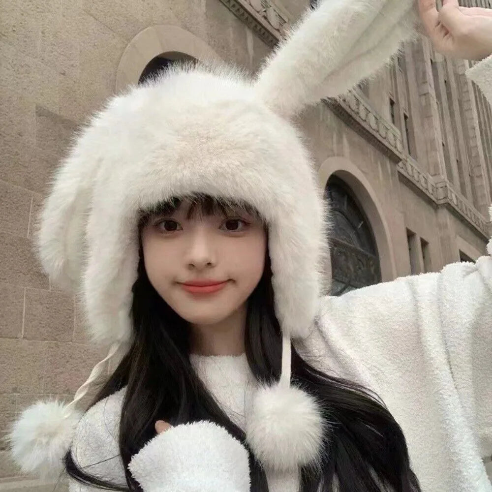 Gorro de invierno de peluche con orejas de conejo kawaii