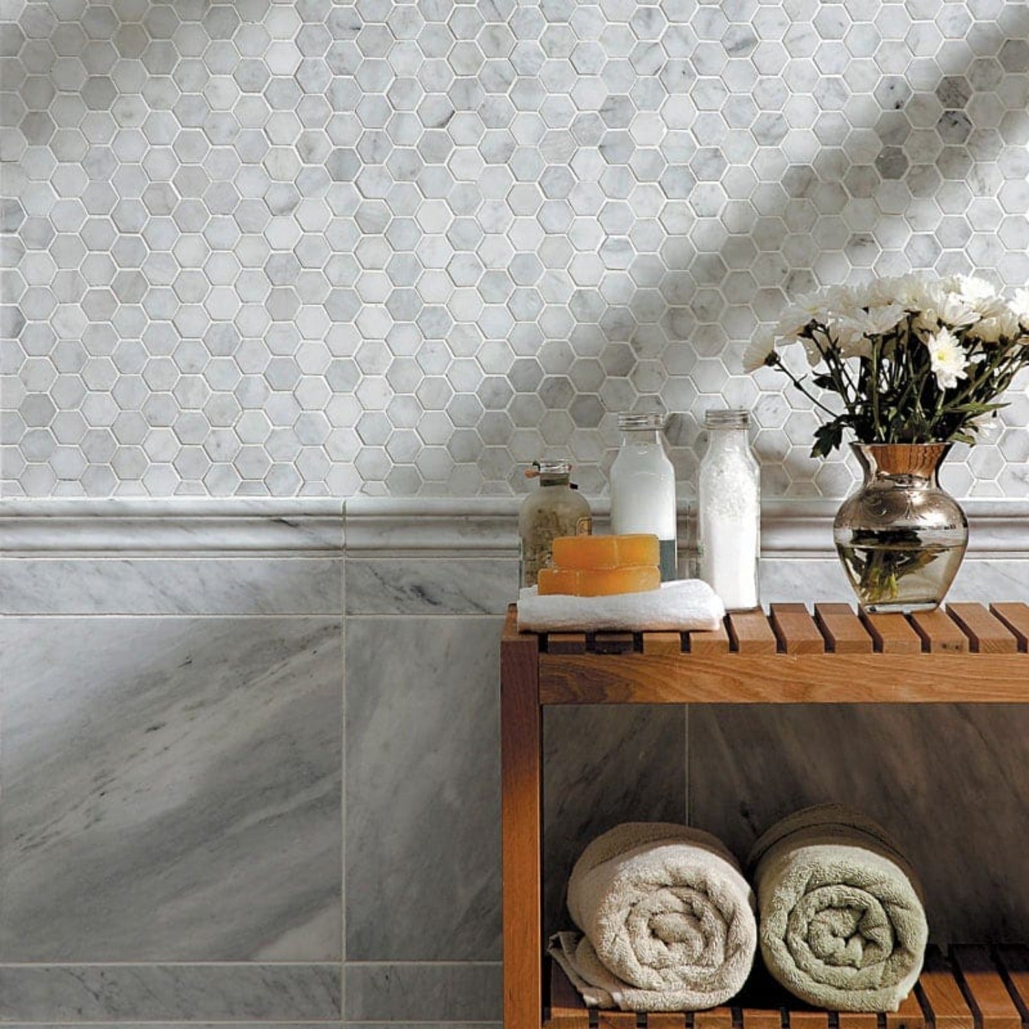 Cararra Honed 10 3/8"x12" Hexagon Marble Mosaic Tile