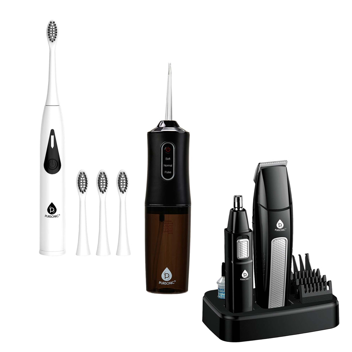 Paquete de cuidado bucal y cuidado personal definitivo de Mario López: kit de cuidado personal masculino, cepillo dental eléctrico de tres cabezales y irrigador bucal USB.