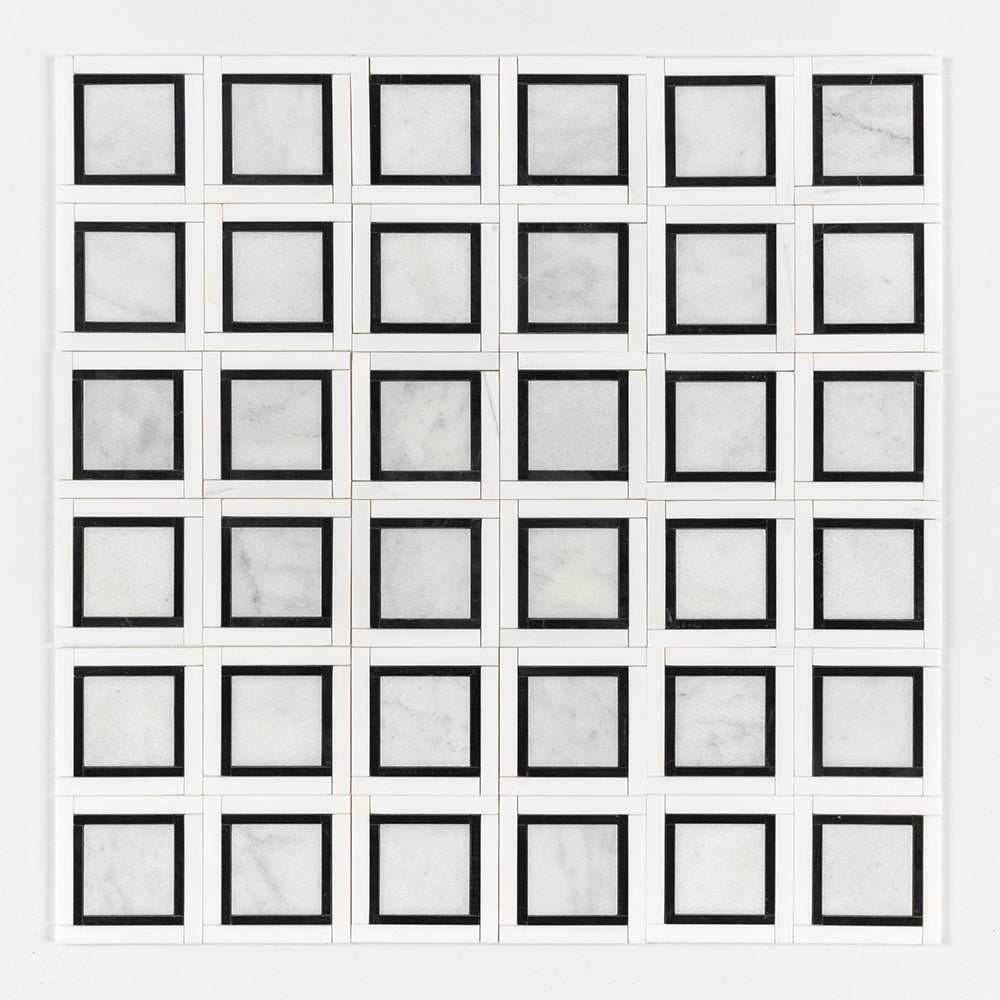Calacatta Black Snow White 12 7/8"x12 7/8" Multi Finish Cambridge Marble Mosaic