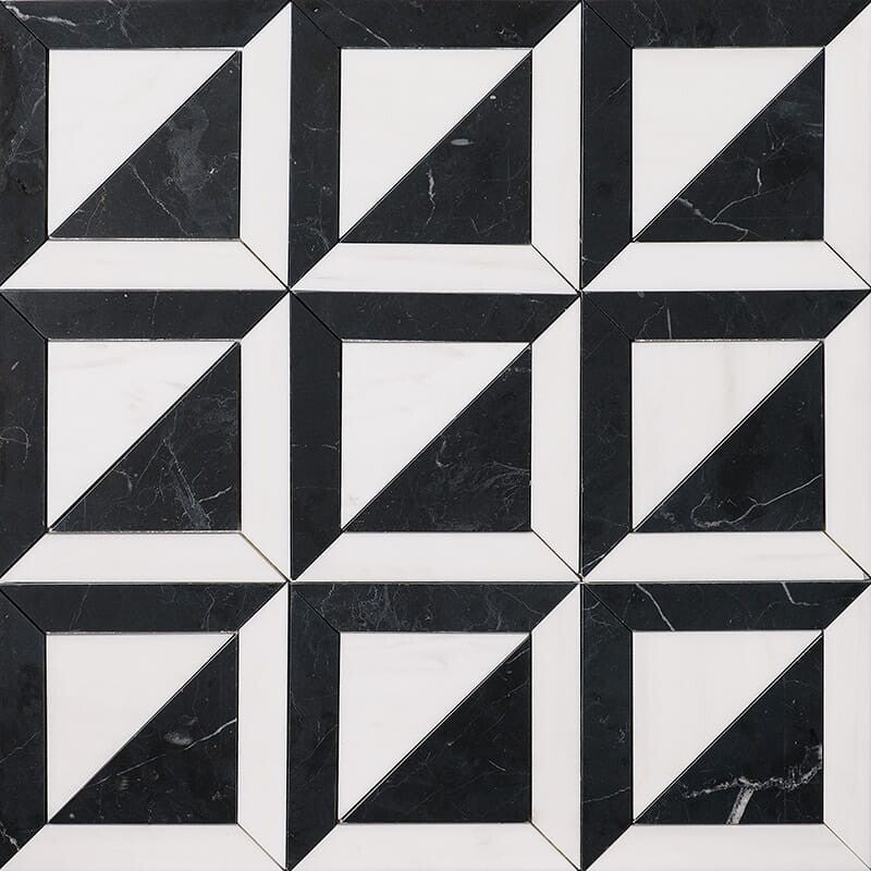 Mosaico de mármol York pulido, negro y blanco hielo, 11 15/16" x 11 15/16"
