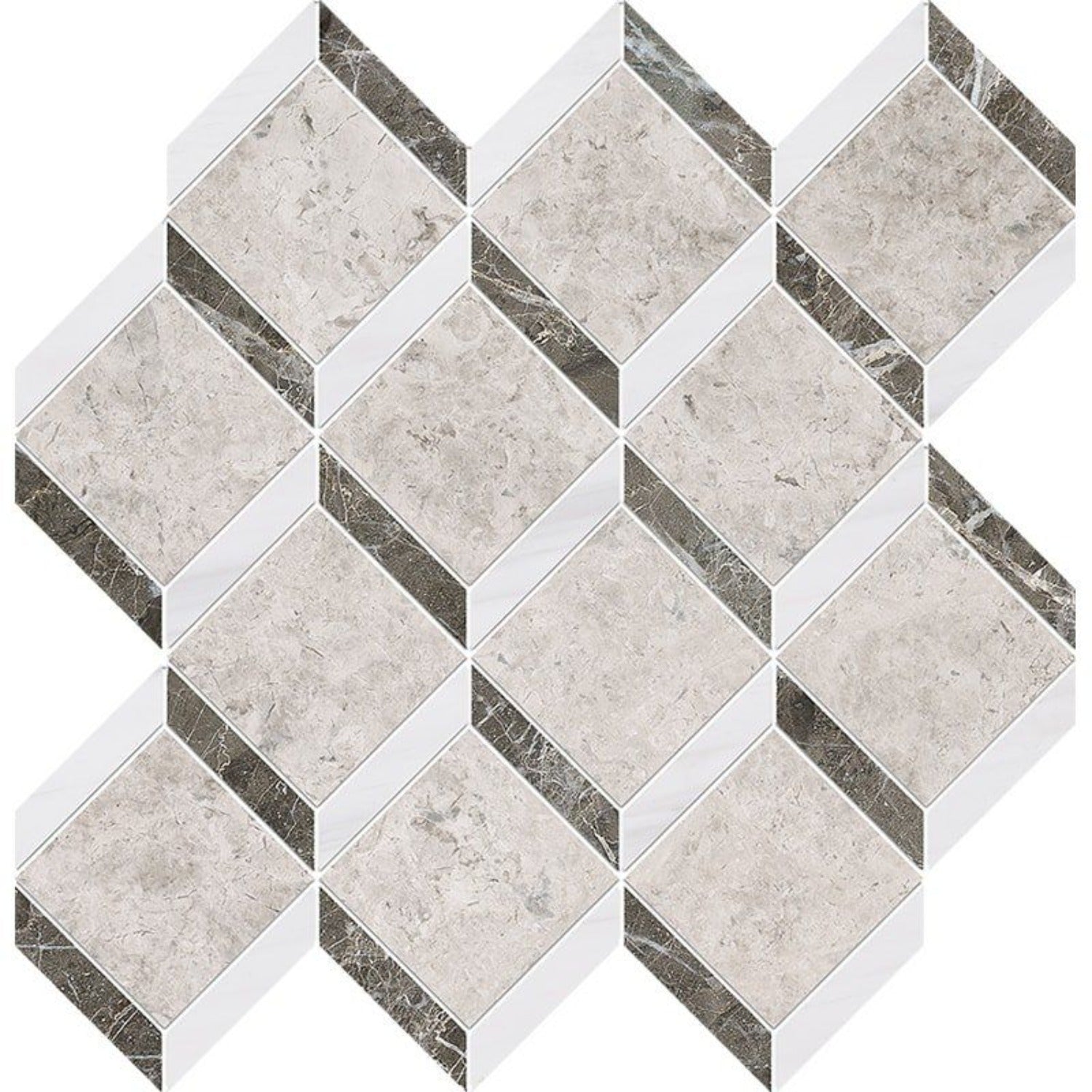 Silver Clouds Snow White Arctic Gray 14 9/16"x14 15/16" Multi Finish Steps 3d Marble Mosaic Tile