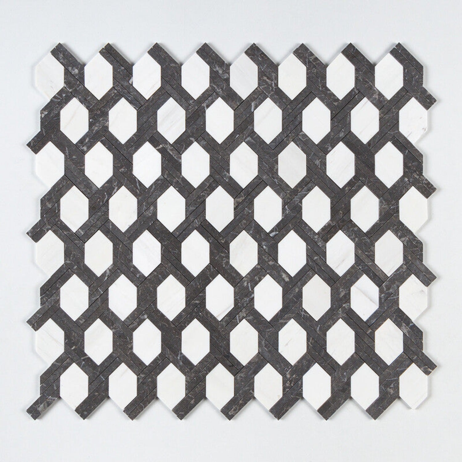 Mosaico de mármol hexagonal trenzado, color negro noche y blanco nieve, pulido, de 24 x 42 cm