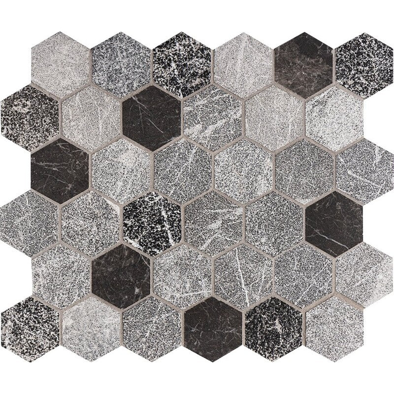 Mosaico de mármol hexagonal Black Night Textura de 10 3/8" x 12"