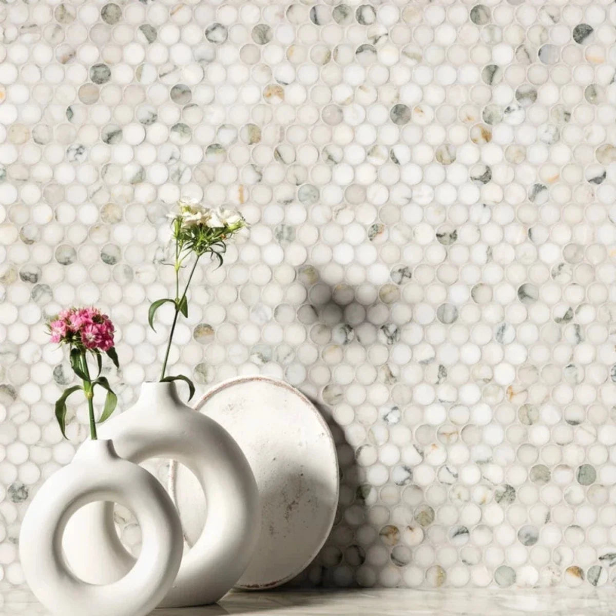 Calacatta Lotti 11 1/4"x11 3/4" Honed Penny Round Marble Mosaic Tile