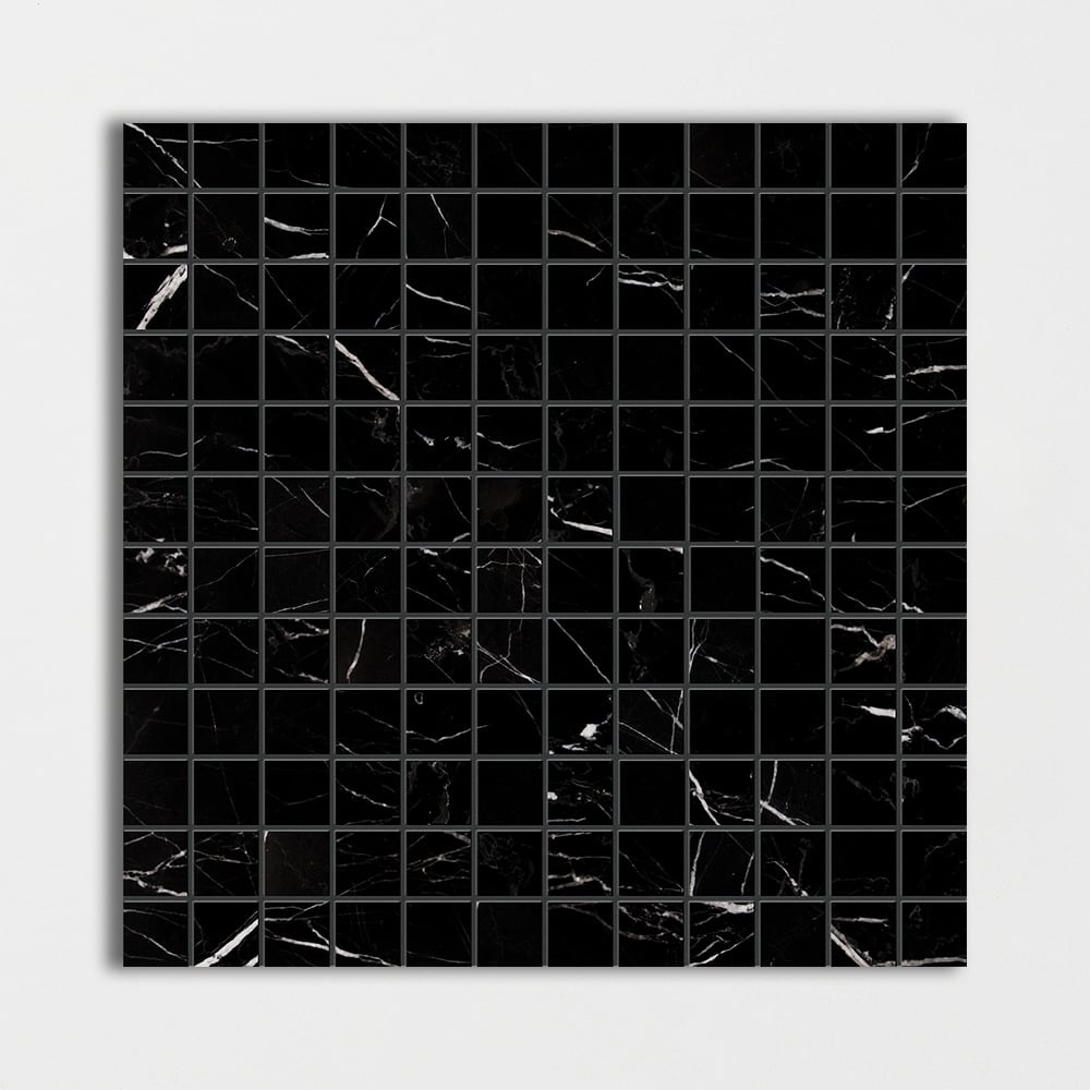 Azulejo de mosaico de mármol negro pulido de 30 x 30 cm y 2,5 x 2,5 cm