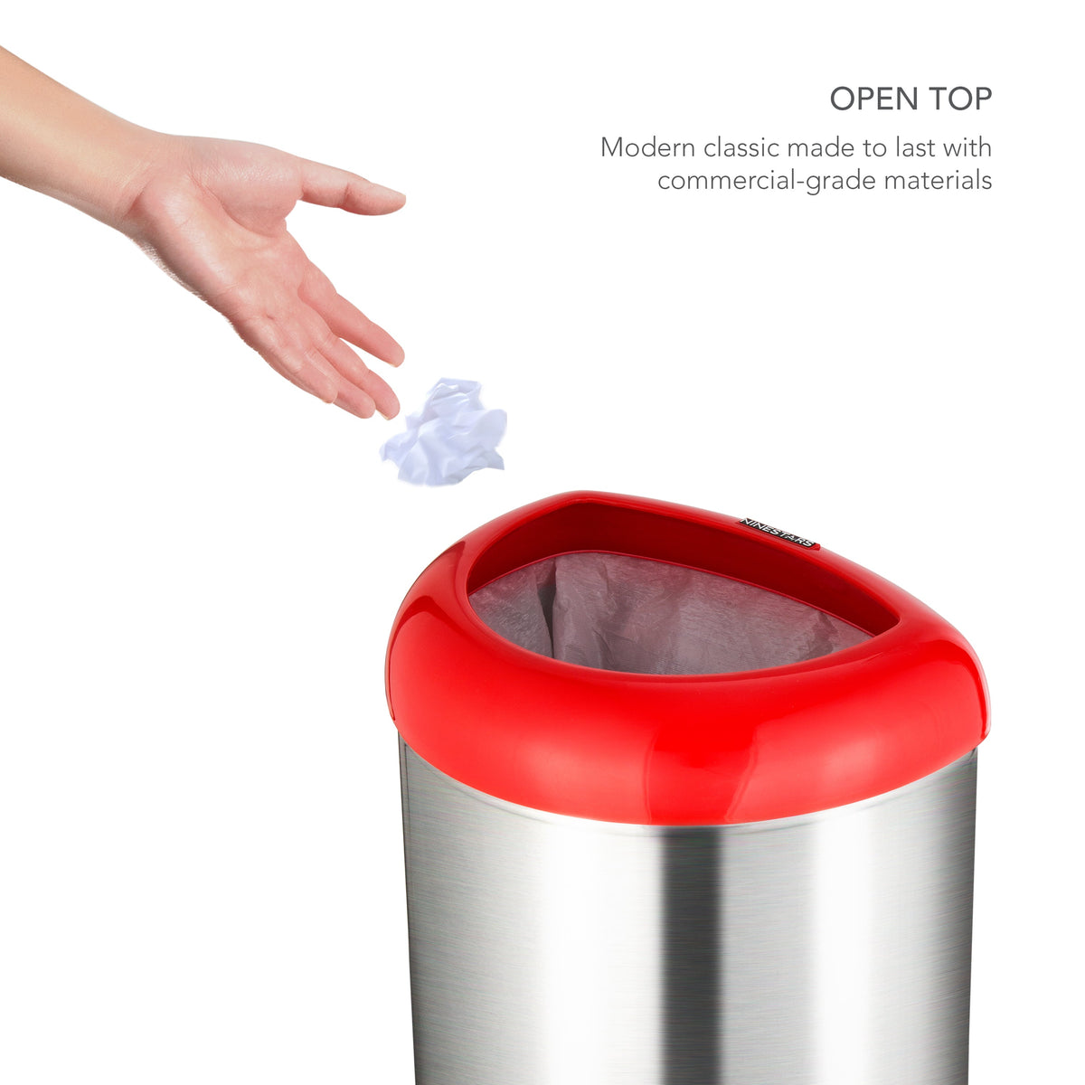 Contenedor de basura semicircular de tapa abierta de 13 galones, negro, azul y rojo | OTT-50-19
