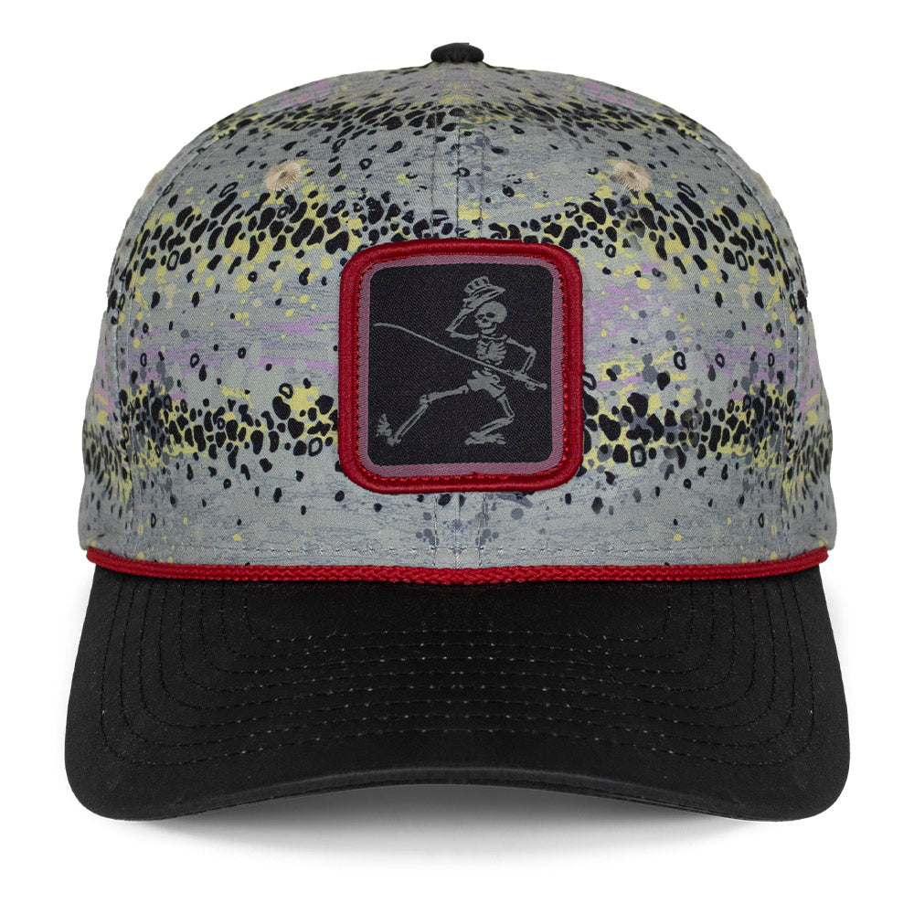 Gorra de cuerda de 6 paneles con diseño de trucha arcoíris y esqueletos danzantes