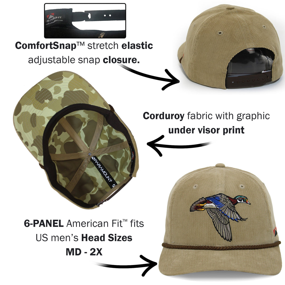 Gorra de rendimiento de 6 paneles de pana Wood Duck