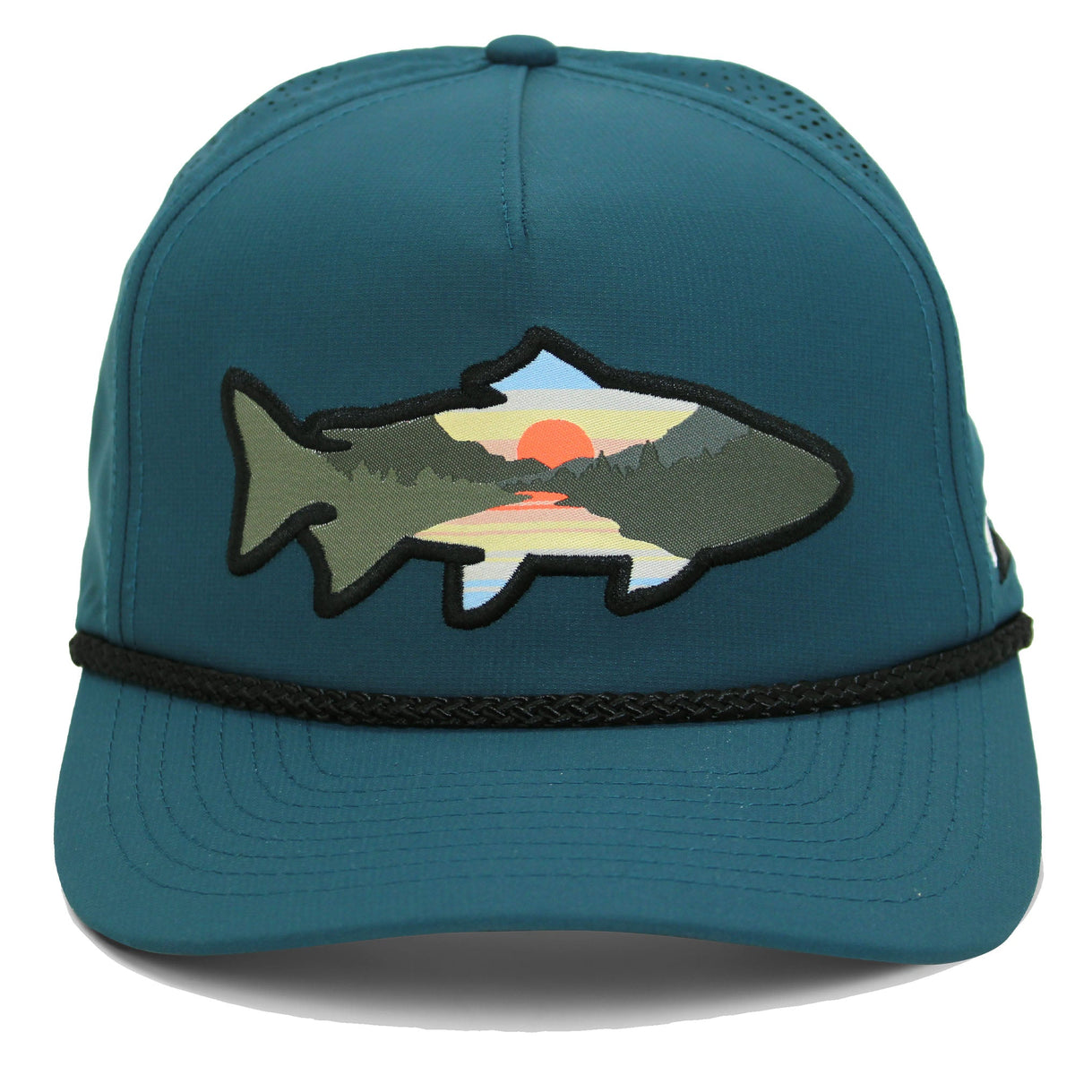 Gorra deportiva de 5 paneles con silueta de pez al atardecer