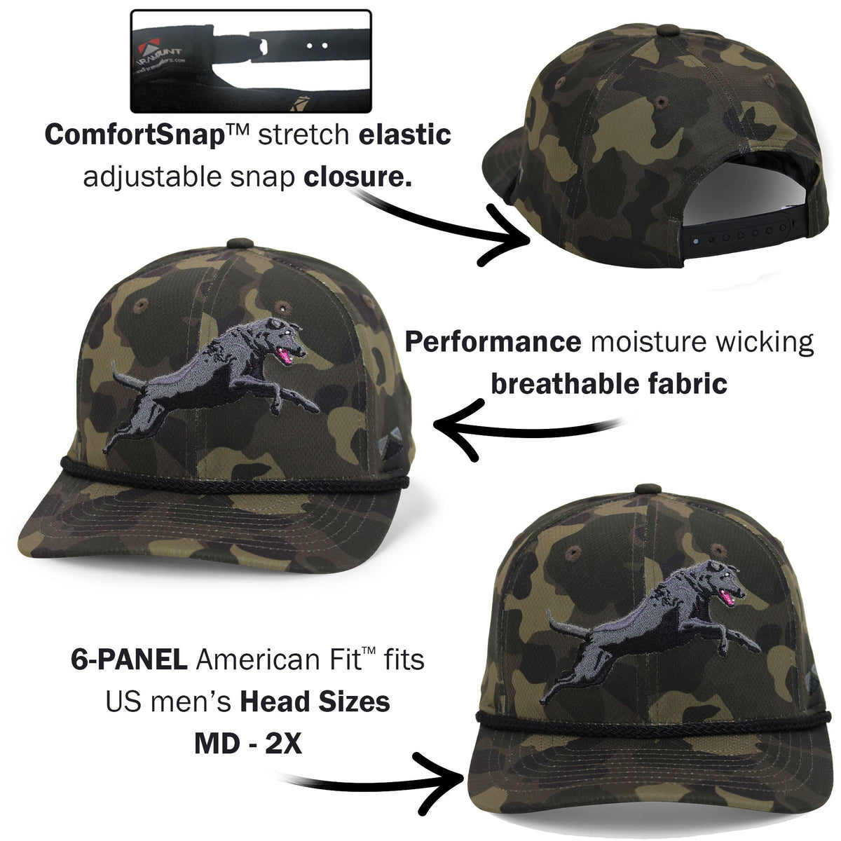 Gorra de cuerda de rendimiento Black Lab sobre camuflaje oscuro de la vieja escuela