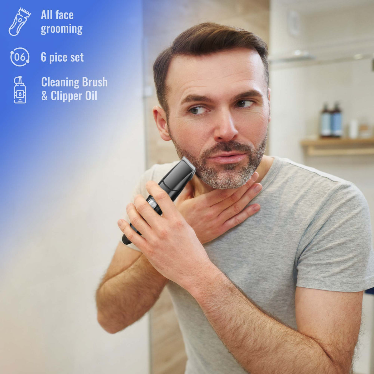 Paquete de cuidado bucal y cuidado personal definitivo de Mario López: kit de cuidado personal masculino, cepillo dental eléctrico de tres cabezales y irrigador bucal USB.