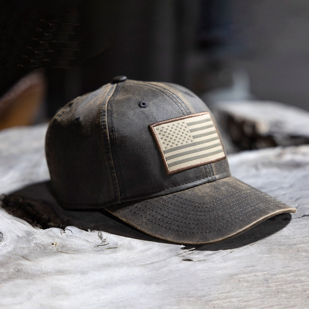 Gorra de papá de tela encerada con bandera estadounidense