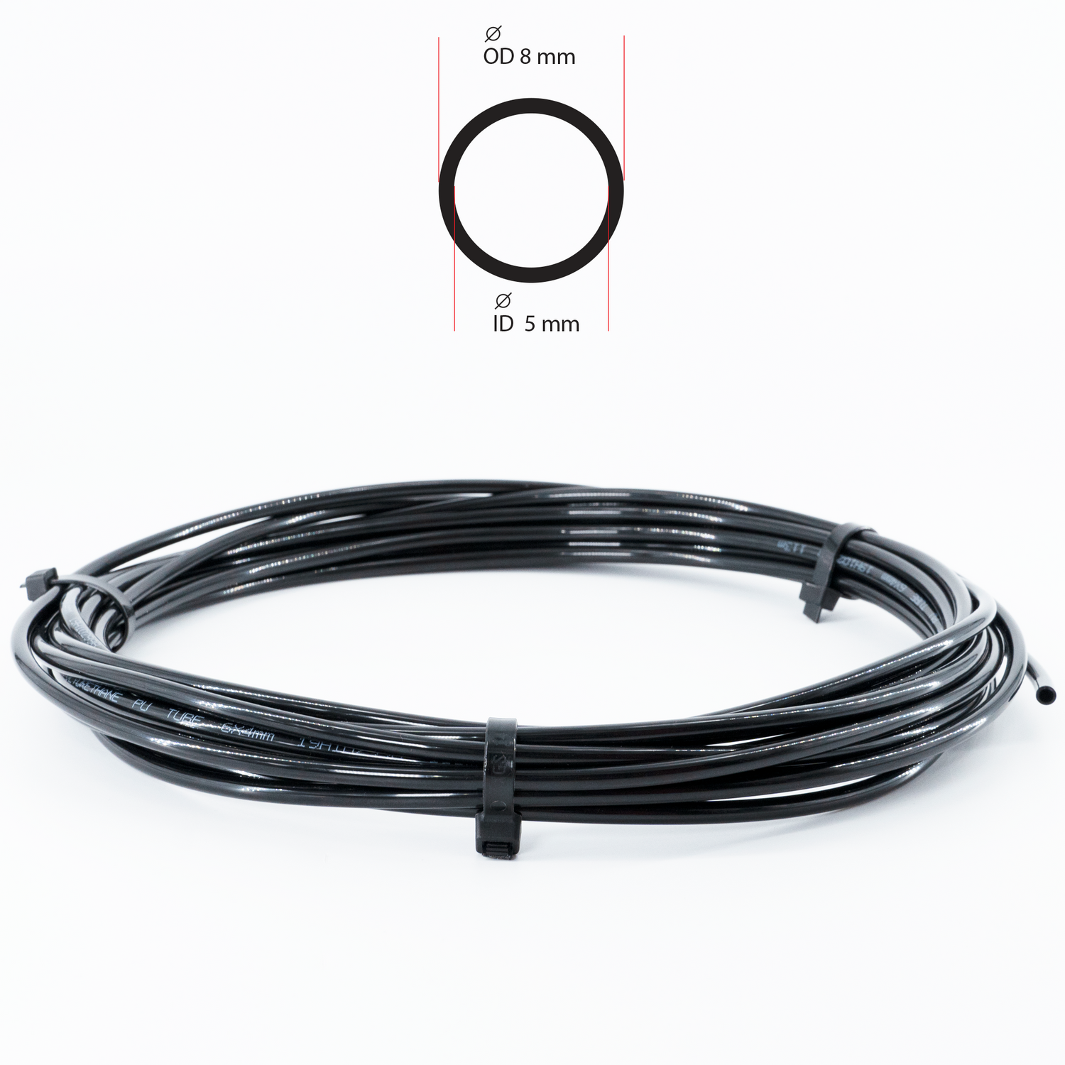 Polyurethane (PU) Pneumatic Tubing Black, Roll of 8mm x 5mm x 5m (16.4ft)