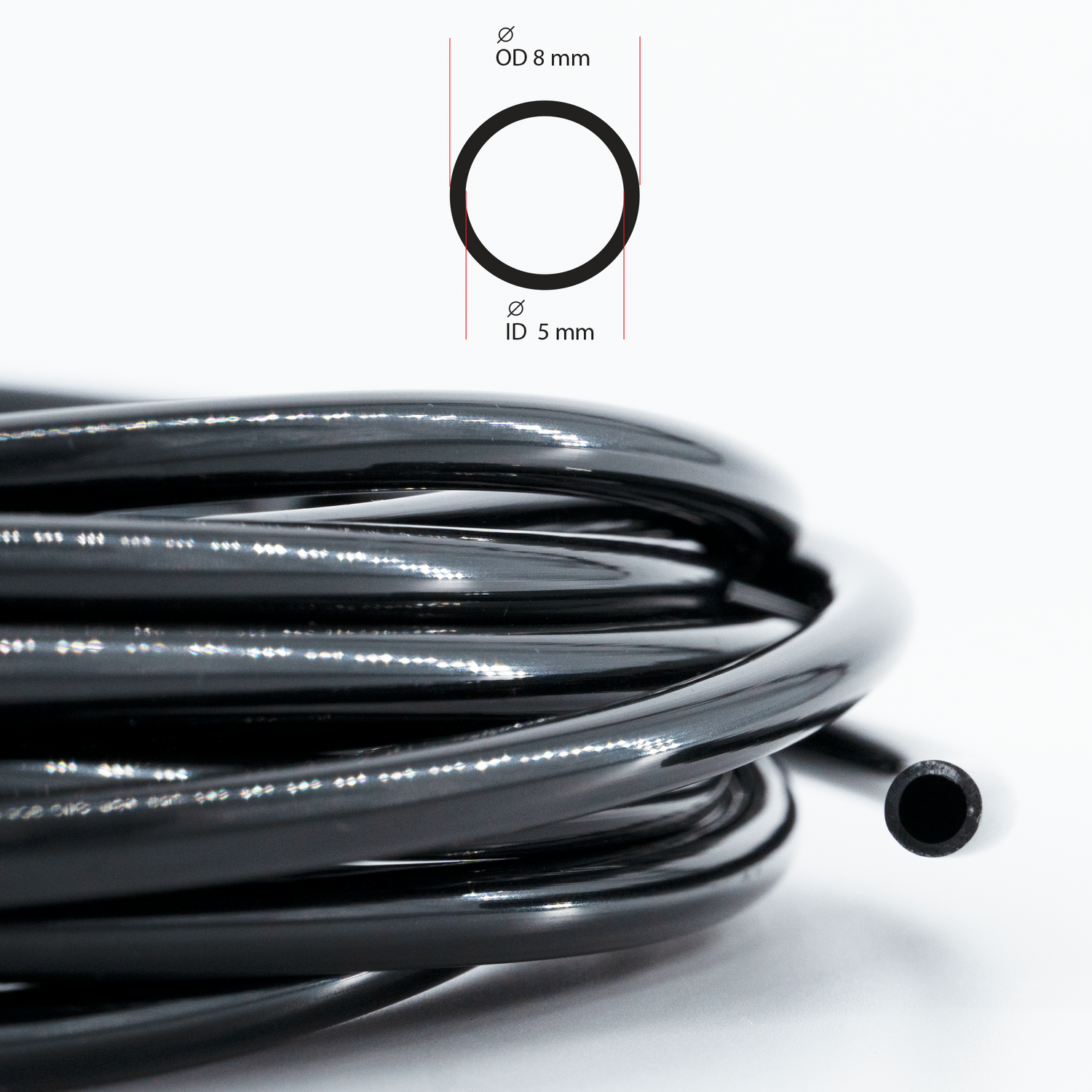 Polyurethane (PU) Pneumatic Tubing Black, Roll of 8mm x 5mm x 5m (16.4ft)