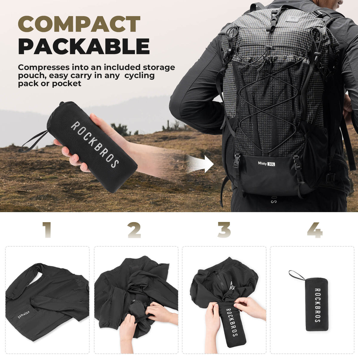 Chaqueta cortavientos de ciclismo plegable de manga larga