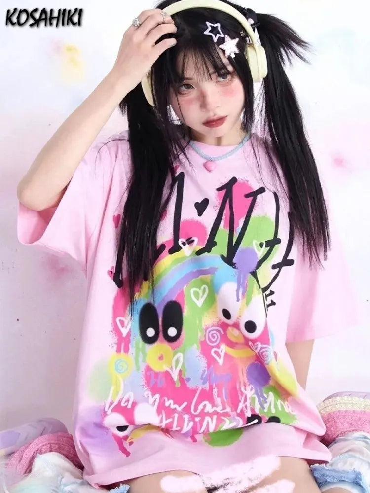 Camiseta gráfica Harajuku rosa KOSAHIKI
