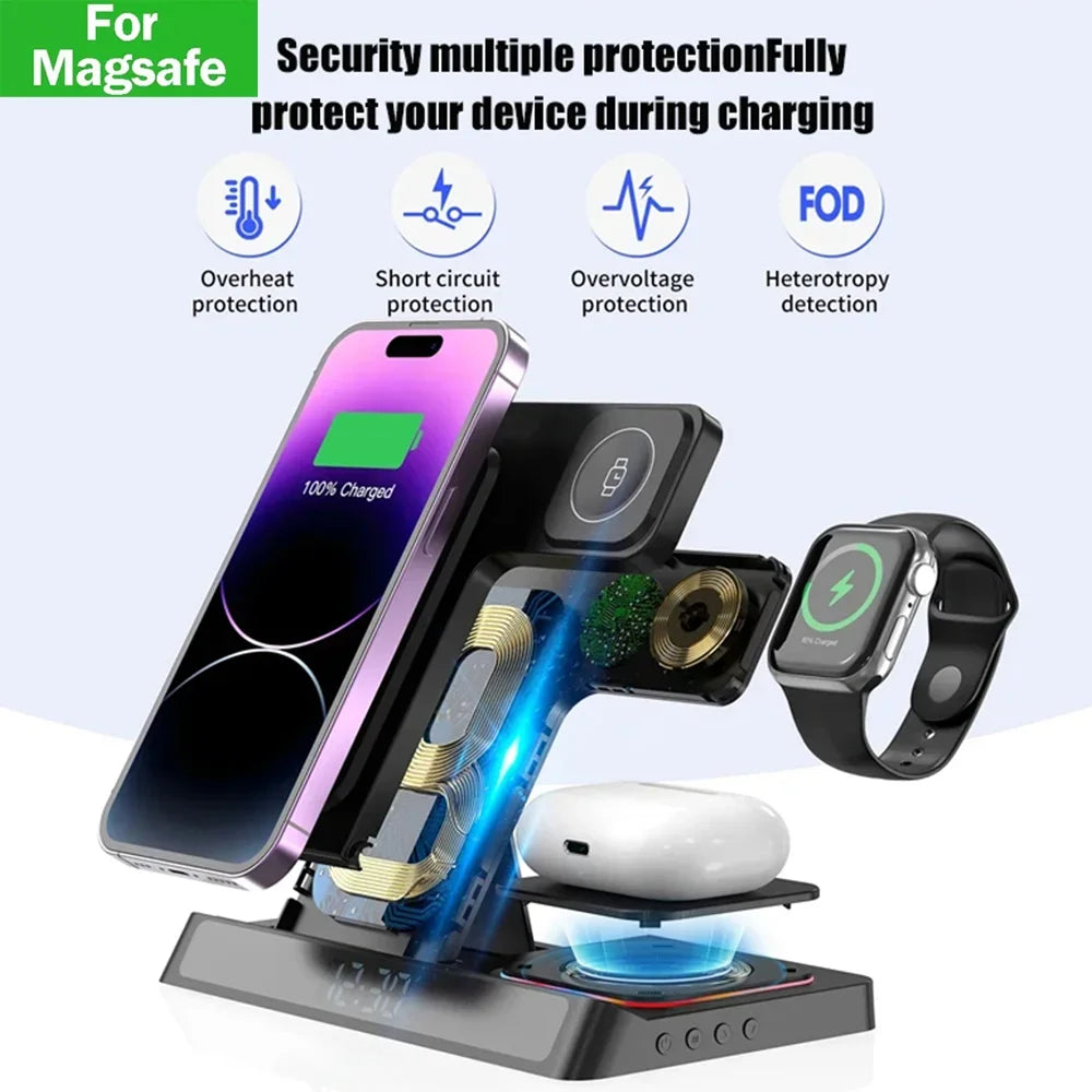 Cargador inalámbrico plegable 4 en 1 para iPhone 15, 14, 13 y 12, Apple Watch 9, 8, Airpods Pro y iWatch. Estación de carga rápida.