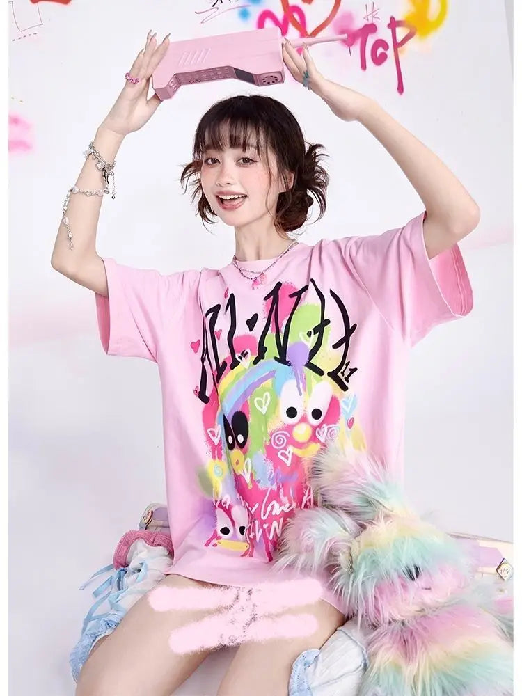 Camiseta gráfica Harajuku rosa KOSAHIKI