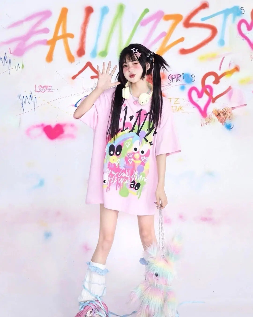 Camiseta gráfica Harajuku rosa KOSAHIKI