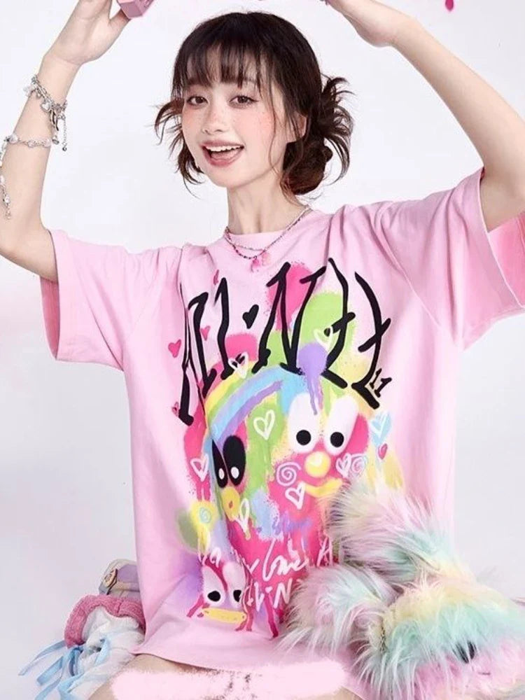 Camiseta gráfica Harajuku rosa KOSAHIKI