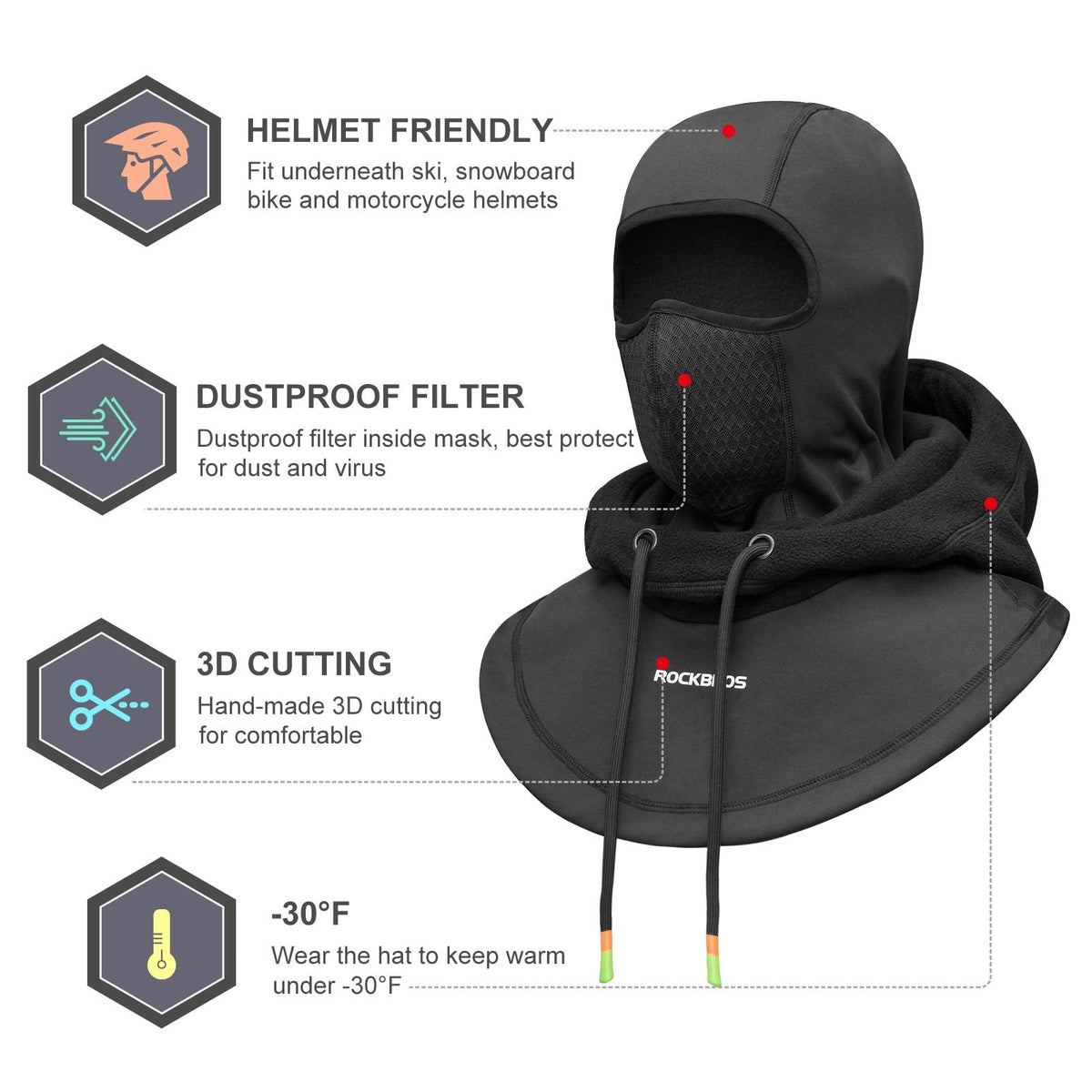 Pasamontañas de esquí ROCKBROS Pasamontañas térmico de forro polar para clima frío de invierno para hombre