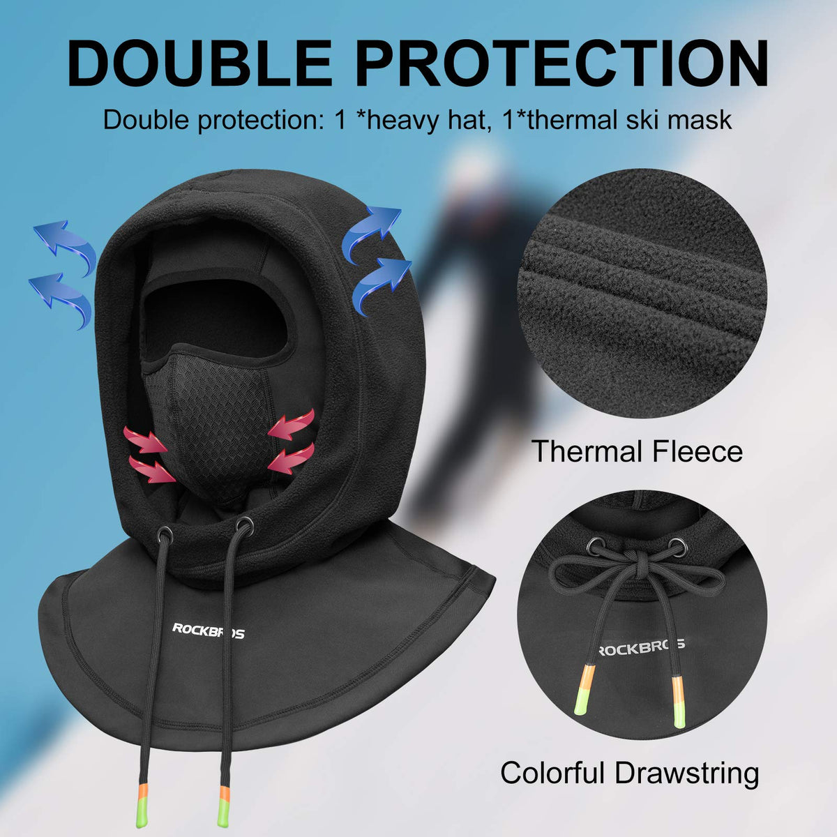 Pasamontañas de esquí ROCKBROS Pasamontañas térmico de forro polar para clima frío de invierno para hombre