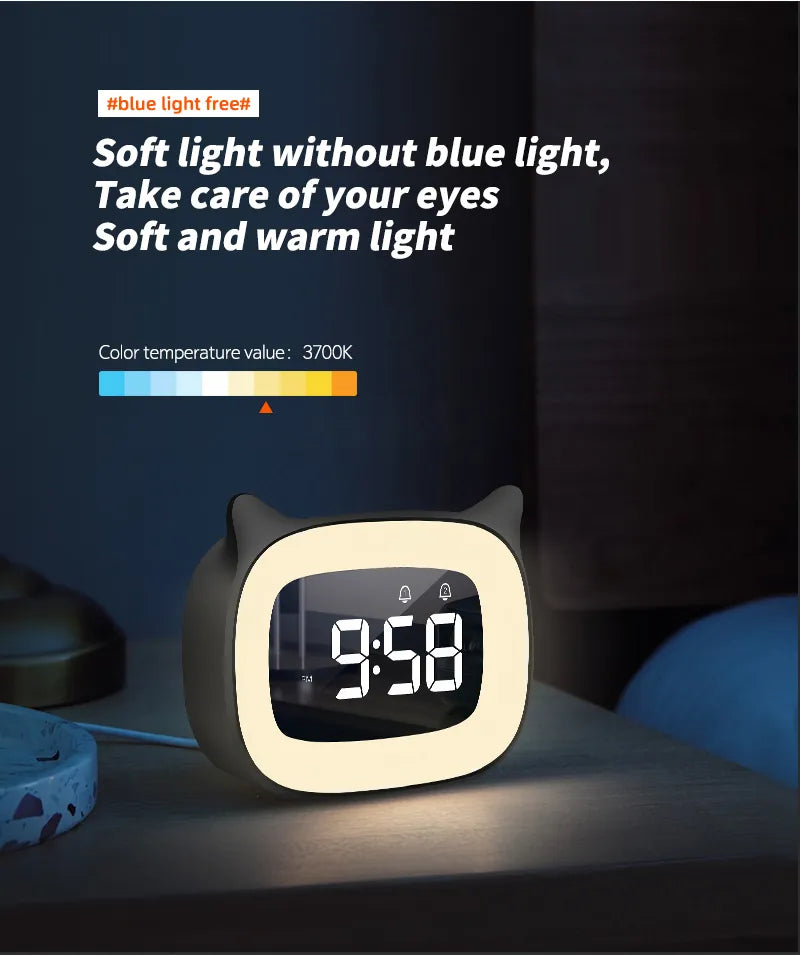 Reloj despertador digital con bonito gato