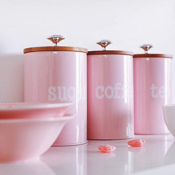 Frascos de almacenamiento de cocina rosas
