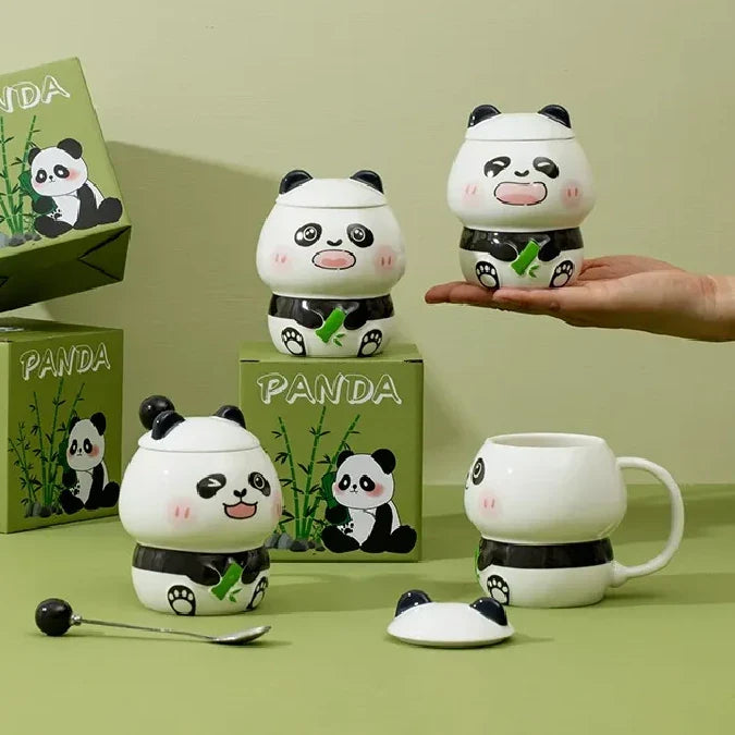 Tazas de cerámica con forma de panda, tapa y cuchara