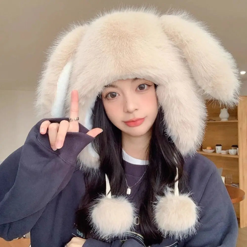 Gorro de invierno de peluche con orejas de conejo kawaii